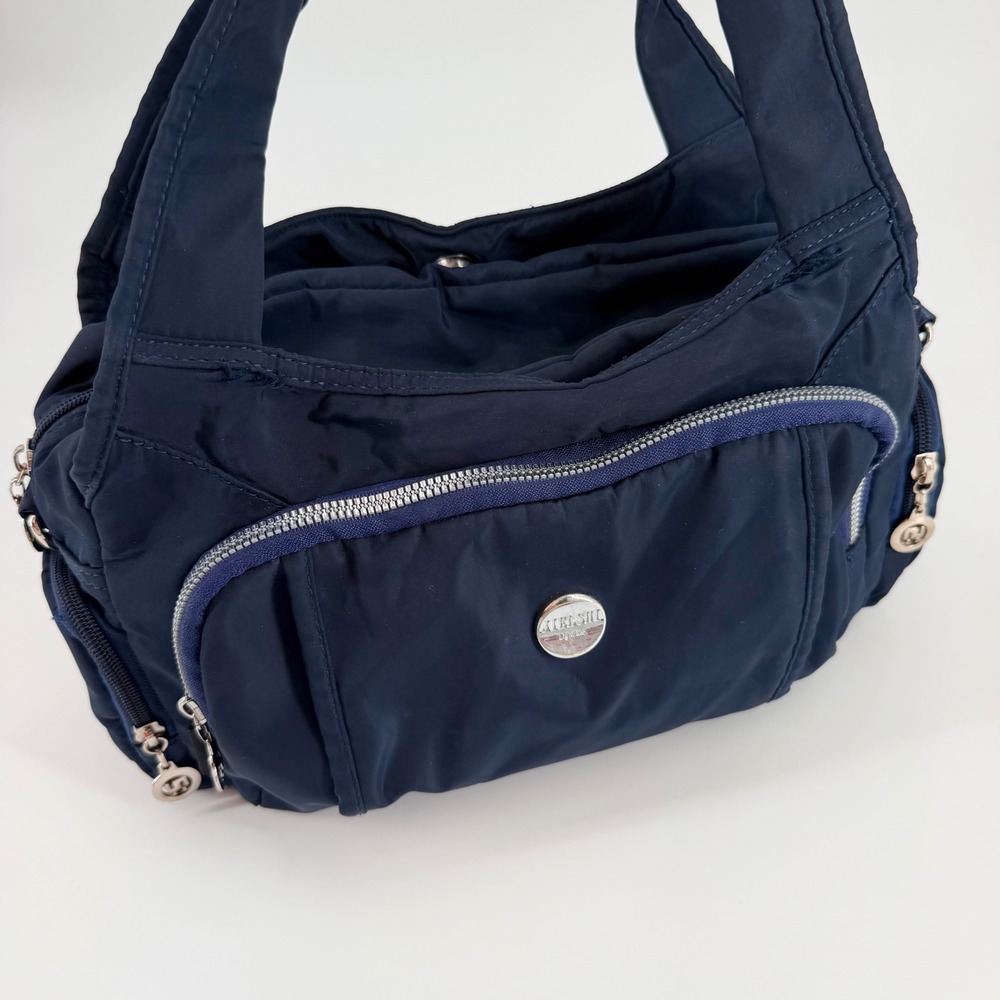 Jielshi Light Life Navy Blue Nylon Multi Pocket Shoulder Handbag Satchel